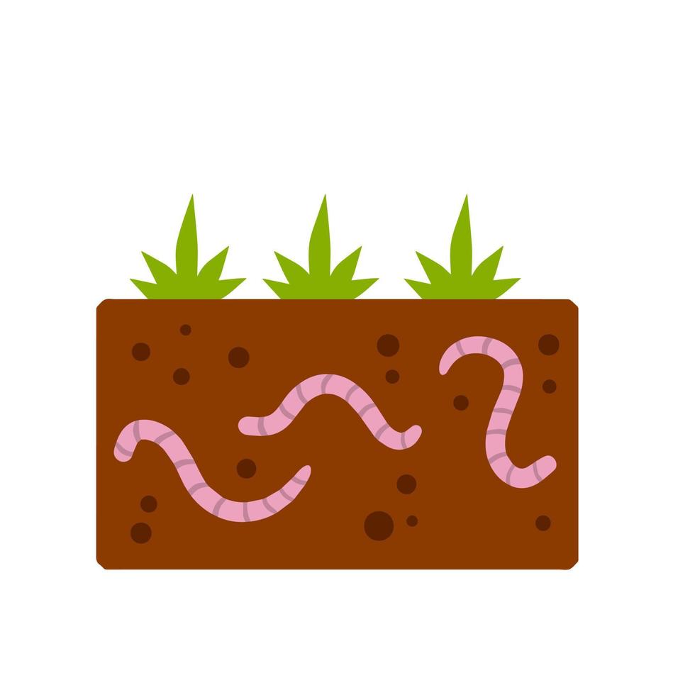 wormen onder de grond. insecten in bodem. bruin aarde met klein roze dieren. visvangst aas. groen gras. biosfeer en natuur. vlak tekenfilm illustratie vector