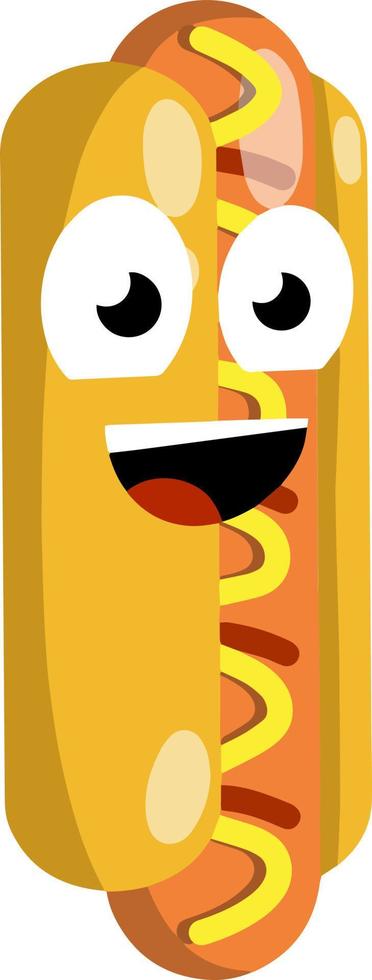 heet hond. grappig gezicht. glimlach en oog. heerlijk broodje. brood, worst, ketchup. schadelijk eetpatroon. tekenfilm vlak illustratie. mascotte van snel rommel voedsel vector