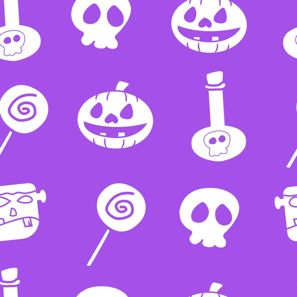 halloween naadloos patroon met spellen fles, pompoen, frankenstein, en meer. halloween naadloos Purper achtergrond. klaar voor afdrukken. gemakkelijk naar Bewerk vector