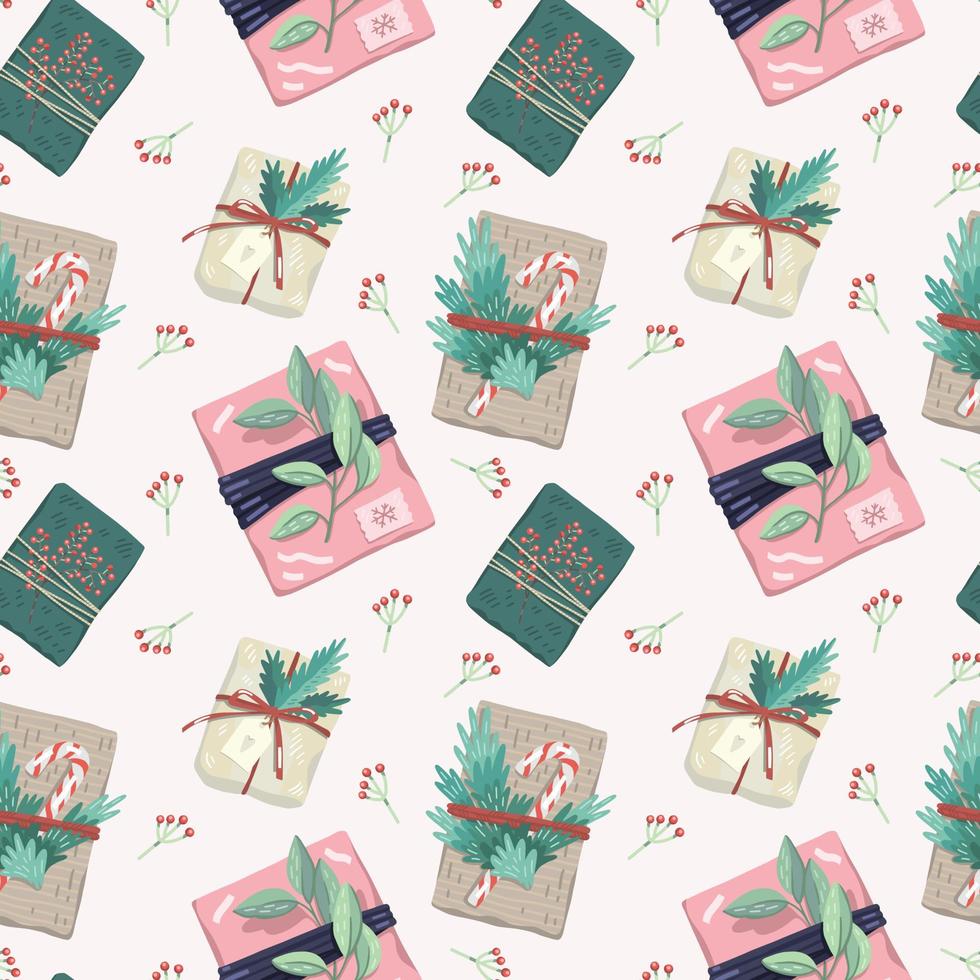 naadloos patroon met Kerstmis geschenken, versierd met planten, linten en gerecycled omhulsel papier vector