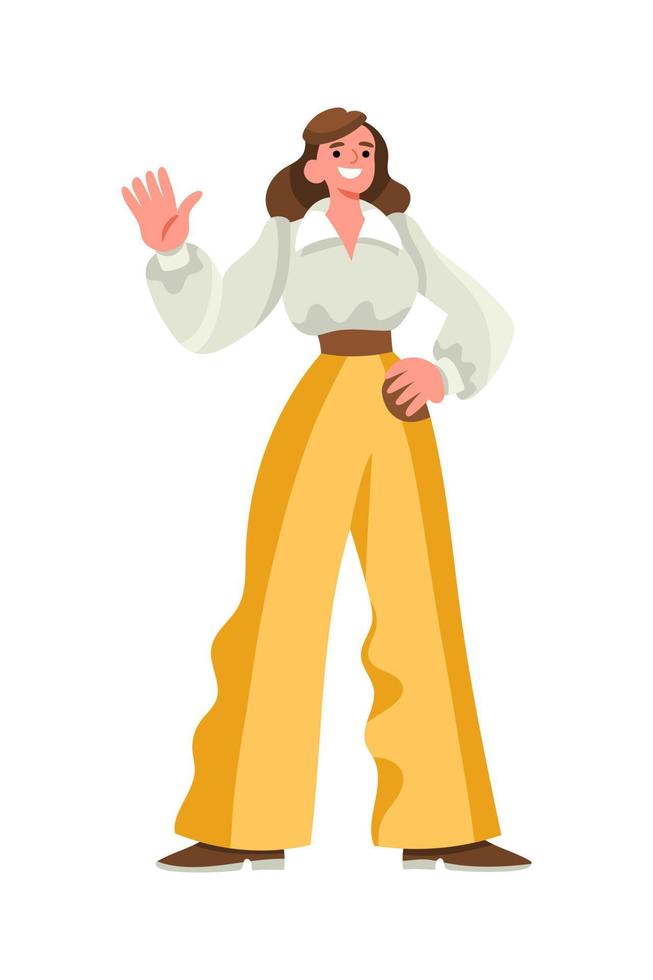 vrolijk brunette Dames in retro Jaren 60 kleren staand en golvend hand- vector