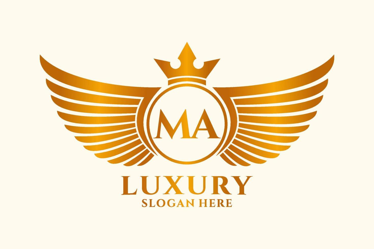 luxe Koninklijk vleugel brief ma kam goud kleur logo vector, zege logo, kam logo, vleugel logo, vector logo sjabloon.