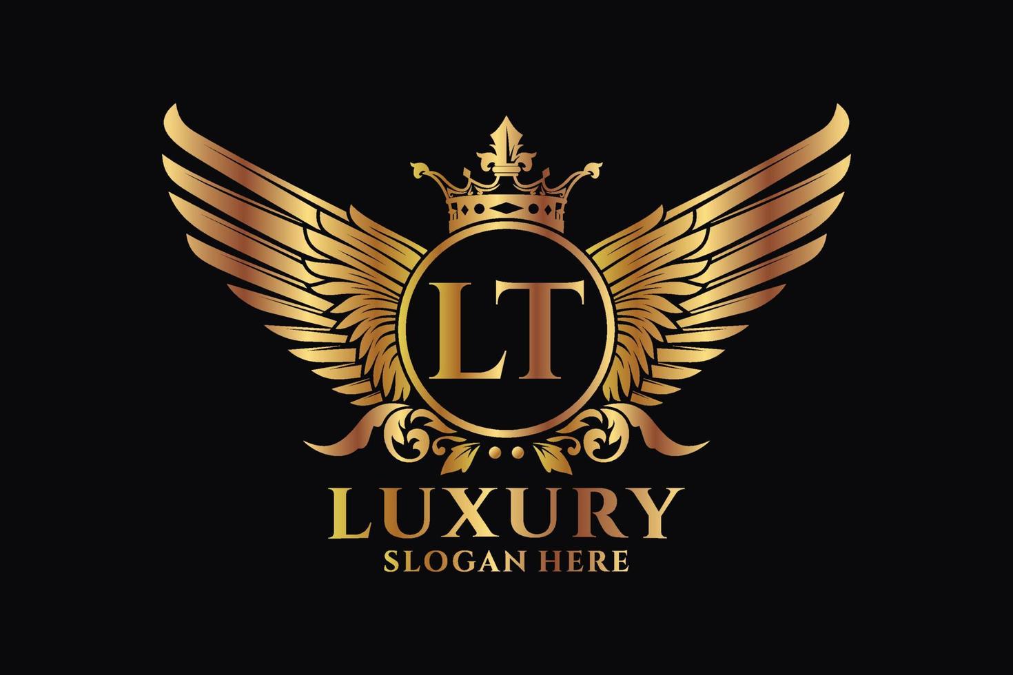 luxe Koninklijk vleugel brief lt kam goud kleur logo vector, zege logo, kam logo, vleugel logo, vector logo sjabloon.