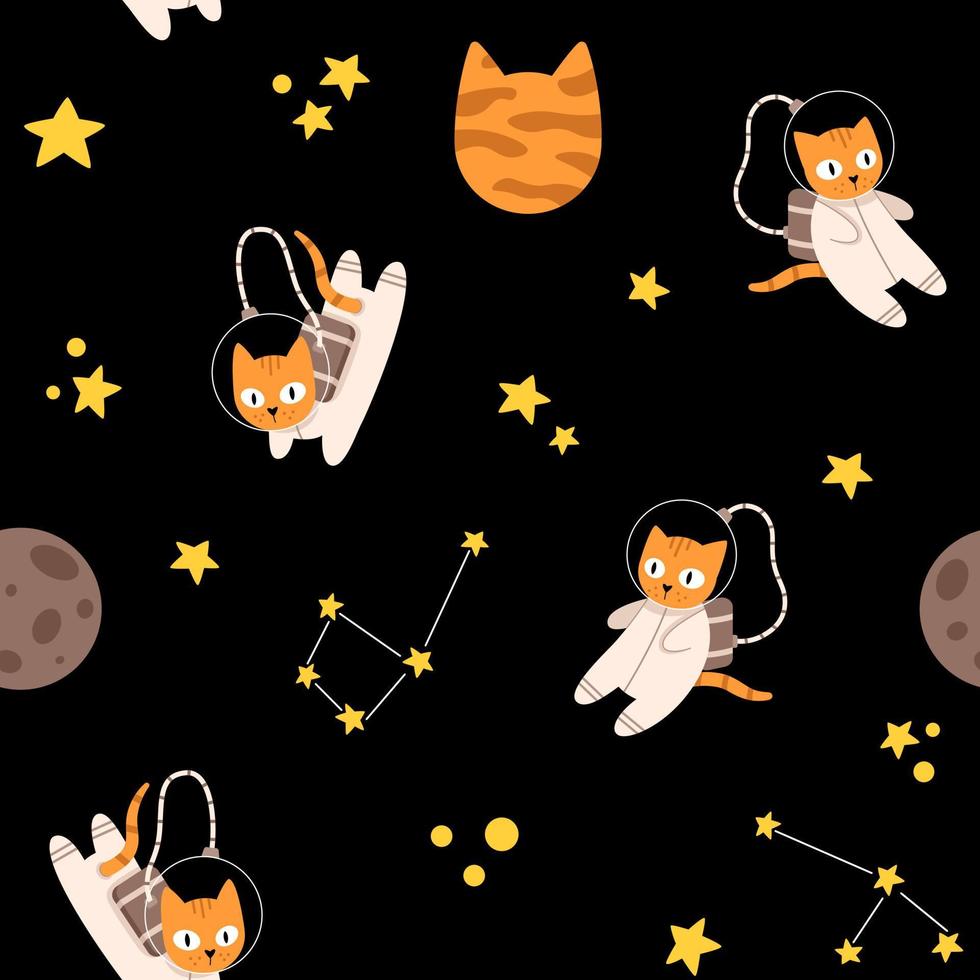 vector naadloos patroon met schattig kat astronauten, sterrenbeeld en planeten. grappig achtergrond met katten in ruimte tussen de sterren.