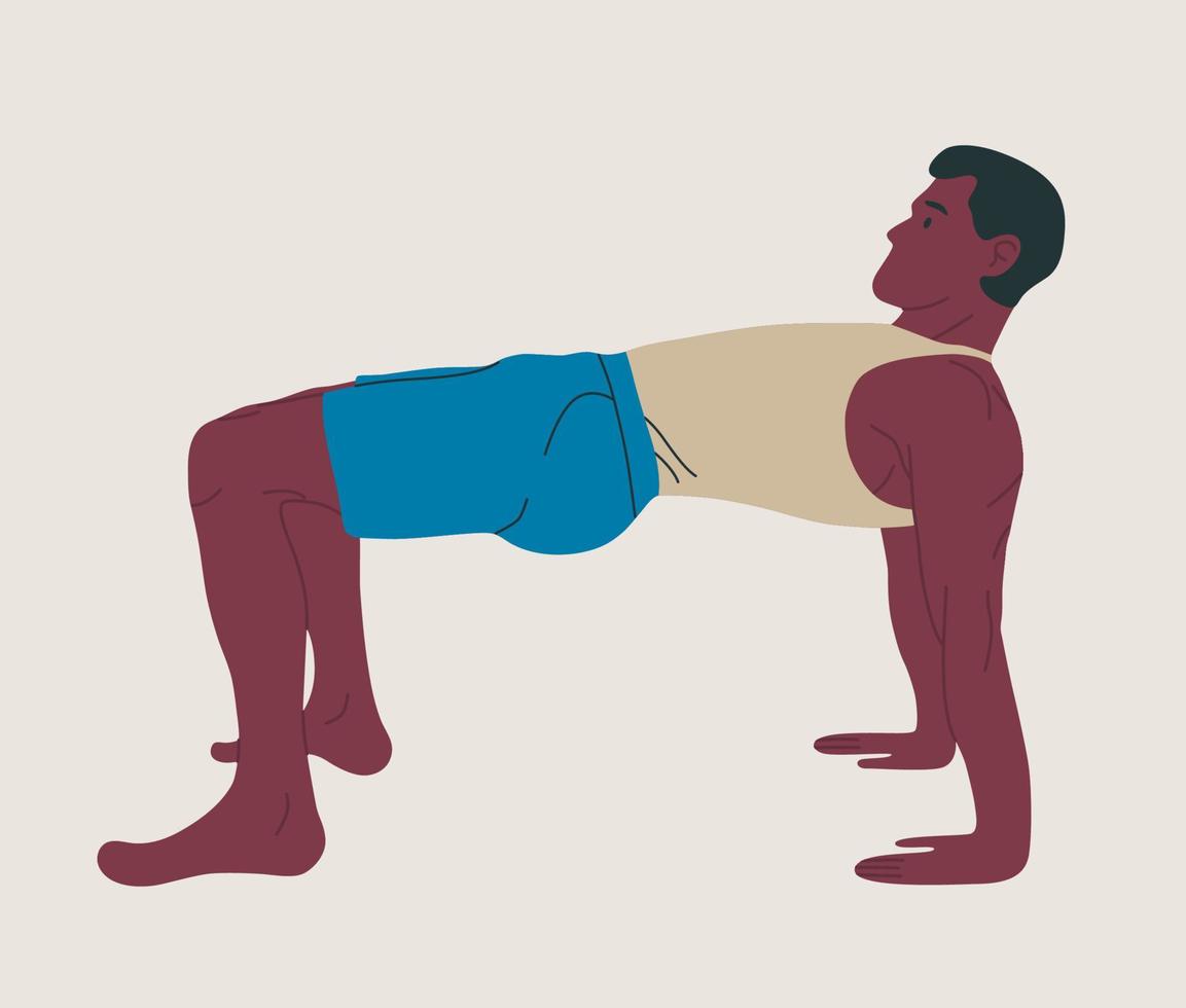 Mens vervelend sportkleding aan het doen yoga. jong fit vent aan het doen yoga. hand- getrokken gekleurde vector illustratie. gewicht verlies. Gezondheid zorg en levensstijl concept. mannetje yoga.