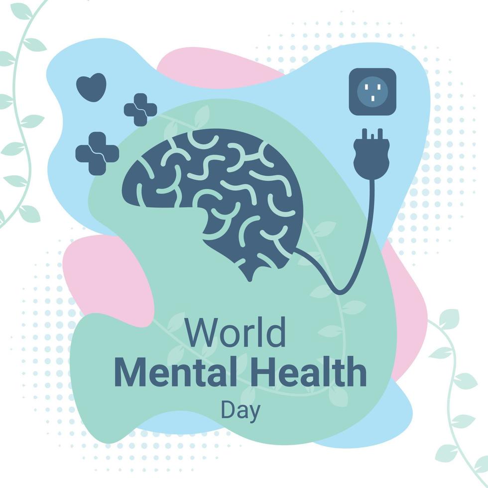 herdenken wereld mentaal Gezondheid dag, met de concept van een moe hersenen opladen energie met plus en liefde Effecten vector