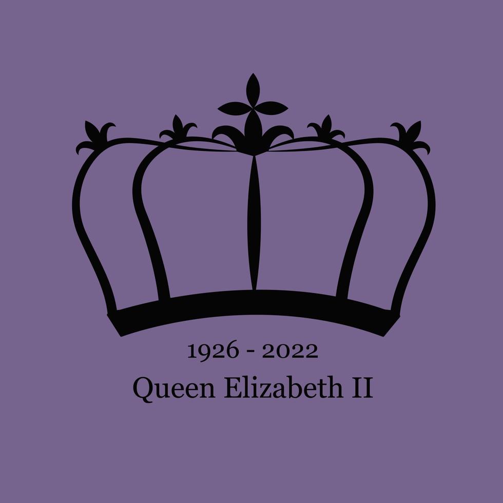 dood gedenkteken poster van koningin Elizabeth ii. vector banier met de datum van geboorte en dood. kroon silhouet Aan Purper achtergrond