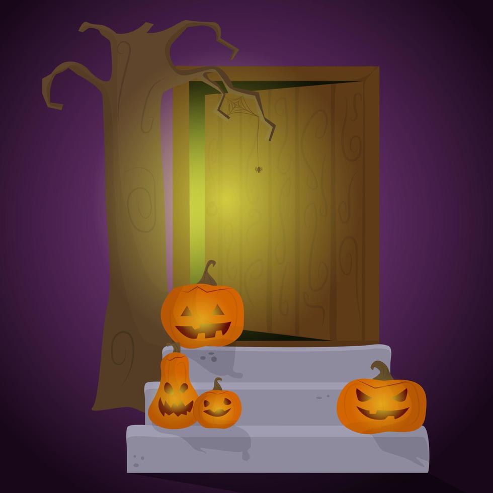 halloween poster. pompoenen jack dat siert de drempel van de heks huis onder een oud boom. vector illustratie voor herfst vakantie.