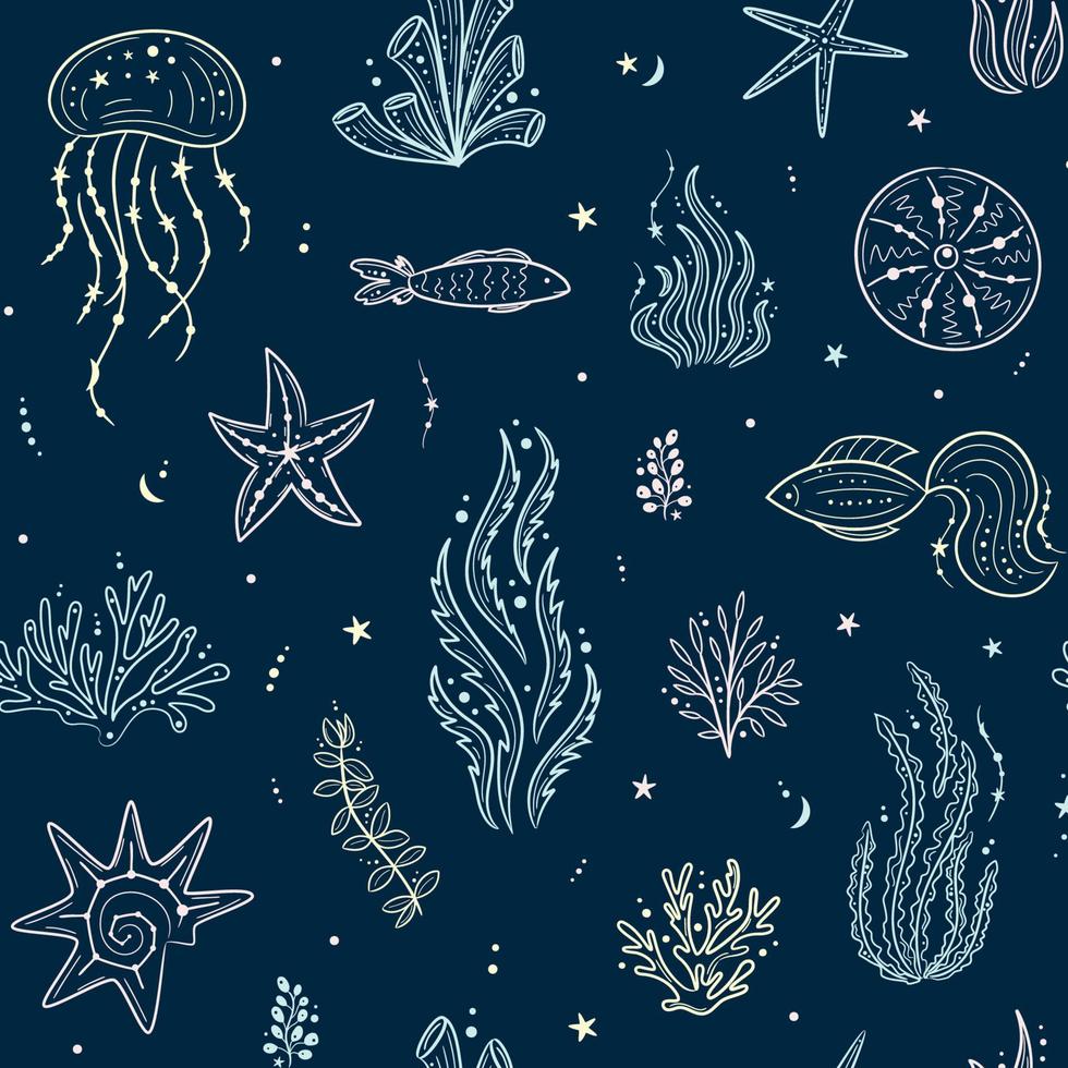 naadloos patroon met schelpen, zeewier, kwallen, vis en zeesterren. marinier donker blauw achtergrond. voor afdrukken, kleding stof, textiel, productie, achtergronden. onder de zee vector