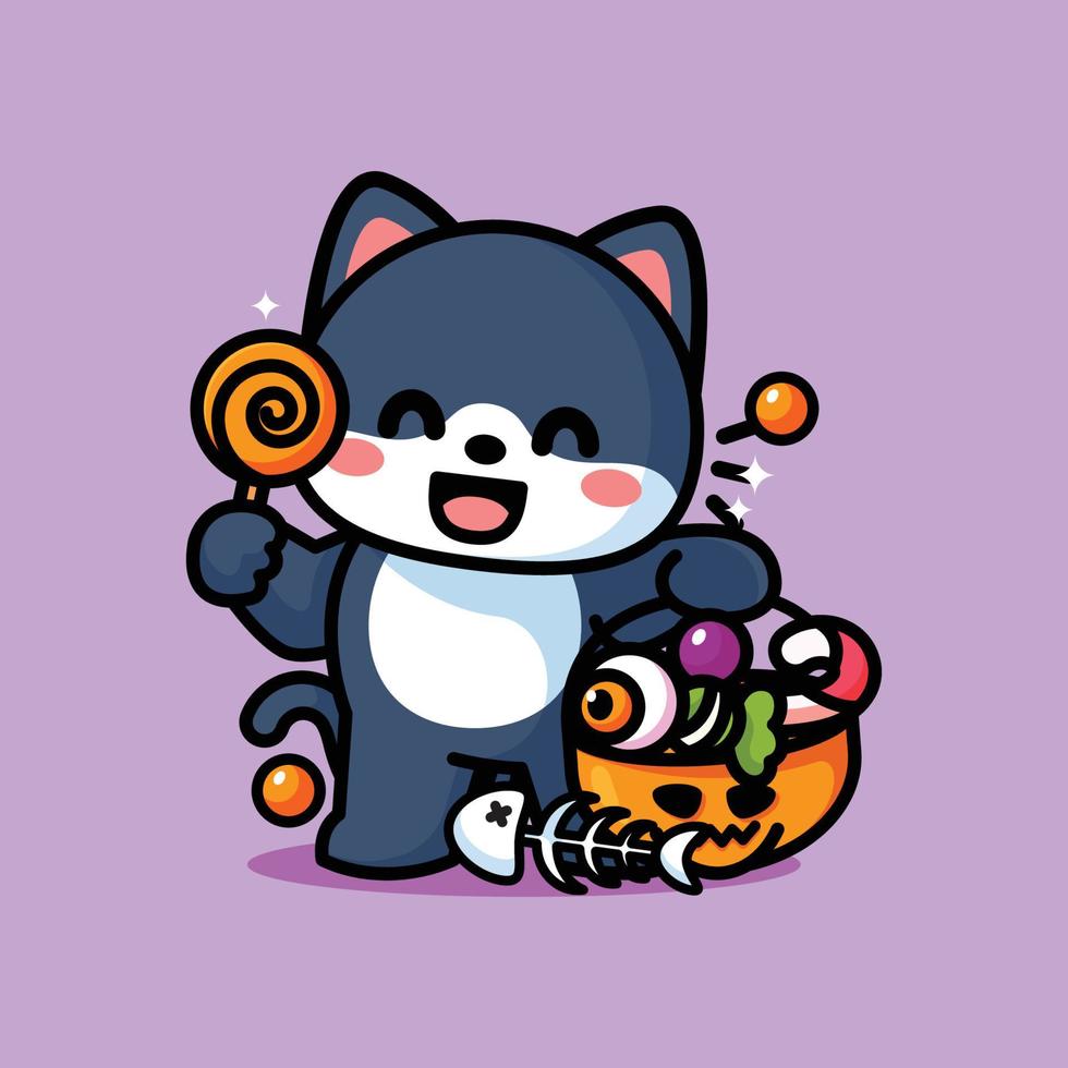 schattig kat Holding snoep en vieren halloween vector