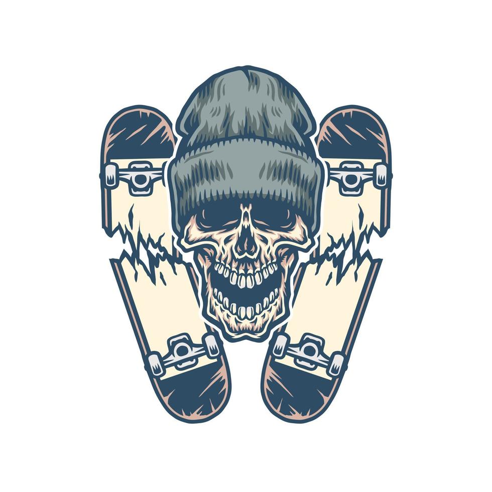 schedel en twee gebroken skateboarden, hand- getrokken lijn met digitaal kleur, vector illustratie