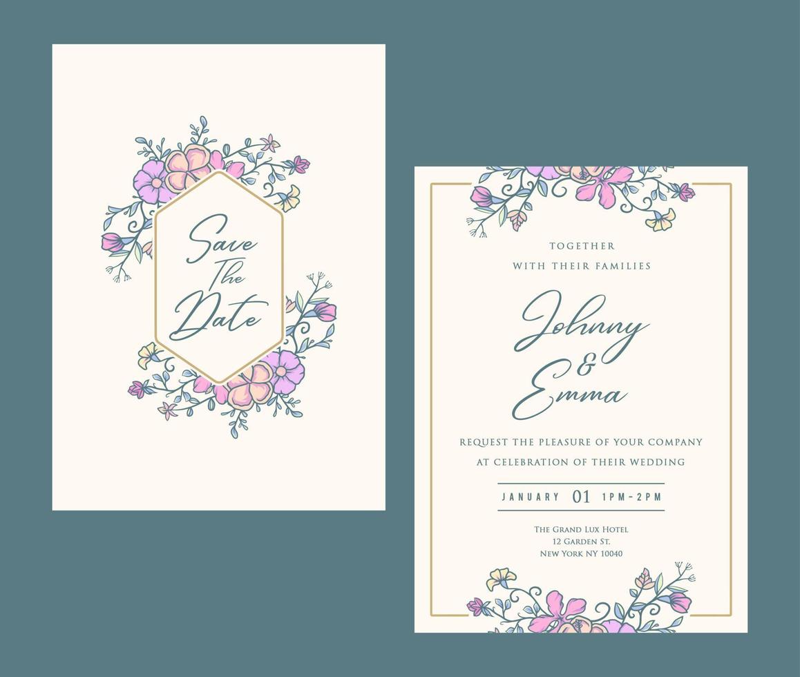 bruiloft uitnodiging kaart Sjablonen met bloemen, hand- getrokken lijn met digitaal kleur, vector illustratie