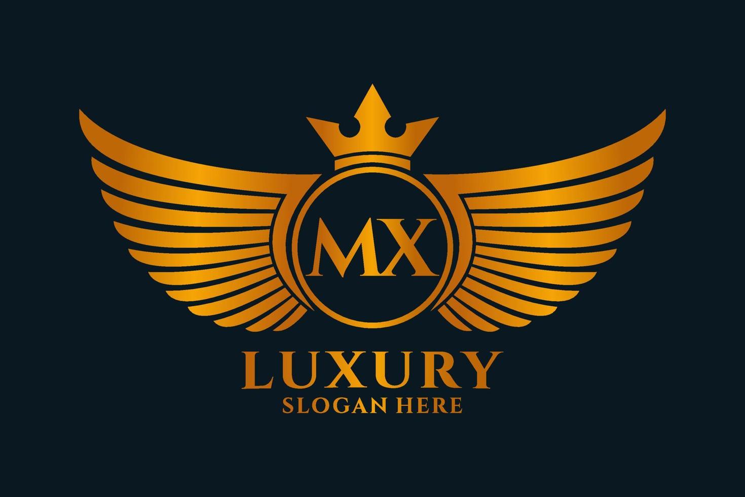 luxe Koninklijk vleugel brief mx kam goud kleur logo vector, zege logo, kam logo, vleugel logo, vector logo sjabloon.