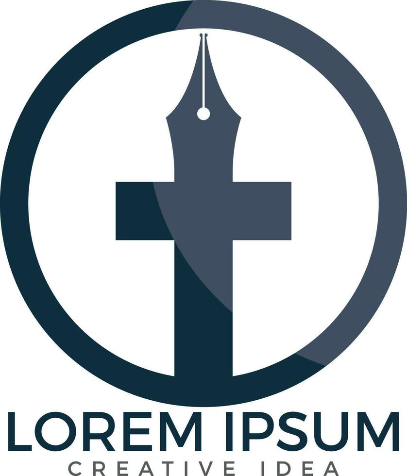 christen kerk vector logo ontwerp. kruisiging en pen penpunt icoon. religieus leerzaam symbool. Bijbel aan het leren en onderwijs klas.