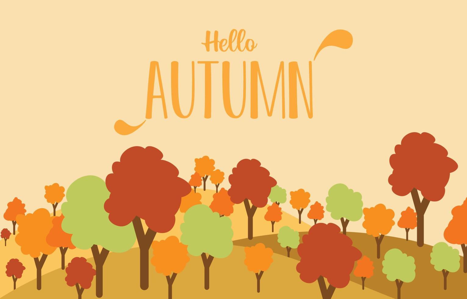 Hallo herfst achtergrond. groet kaart versierd met geel en bruin boom landschap. geel bladeren in de Woud. vector illustratie vallen concept.