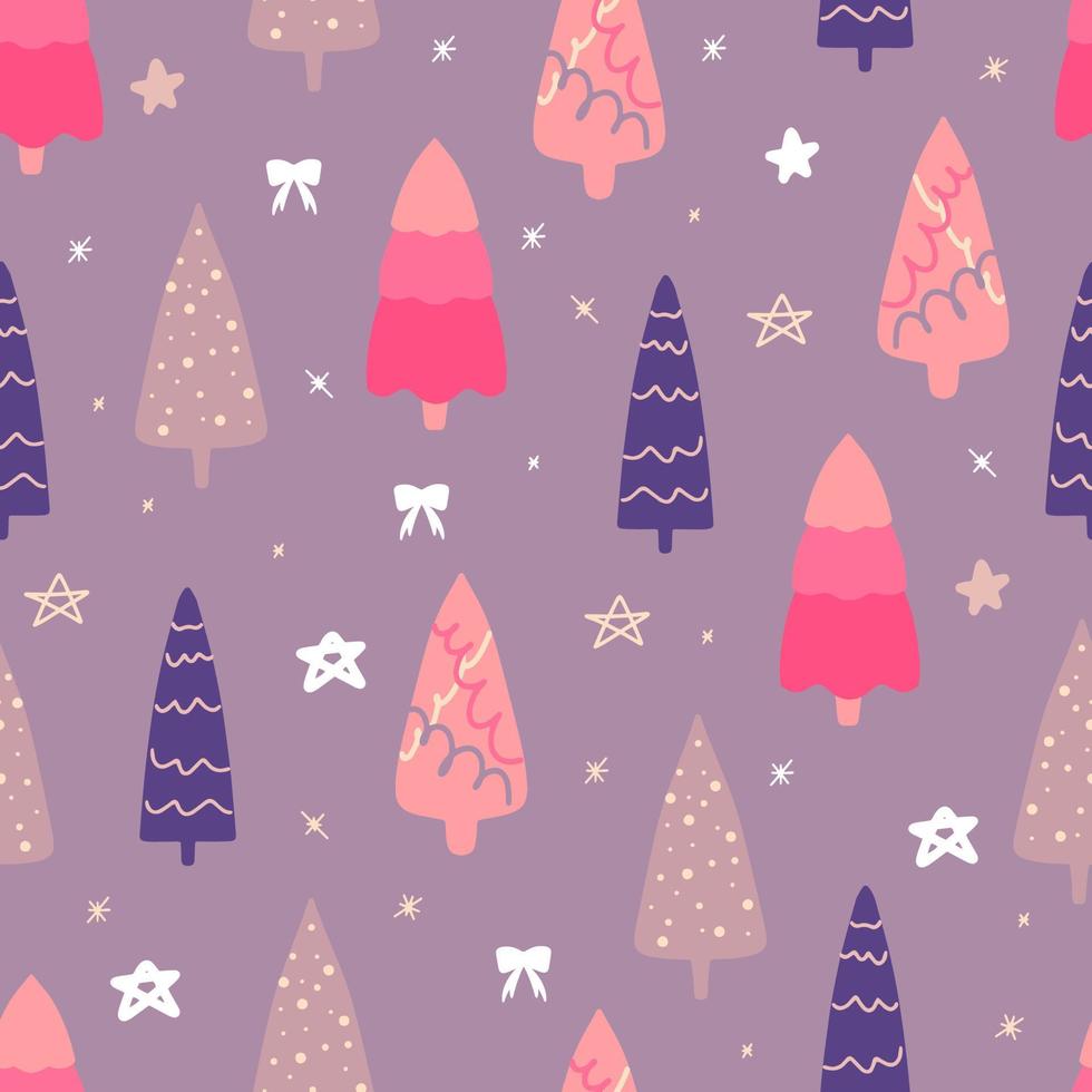 naadloos patroon met Kerstmis bomen, modern vlak ontwerp. een reeks van ongebruikelijk gekleurde Kerstmis bomen. roze, lila, beige. voor gedrukt producten - poster papier, kleding stof of voor de web. vector