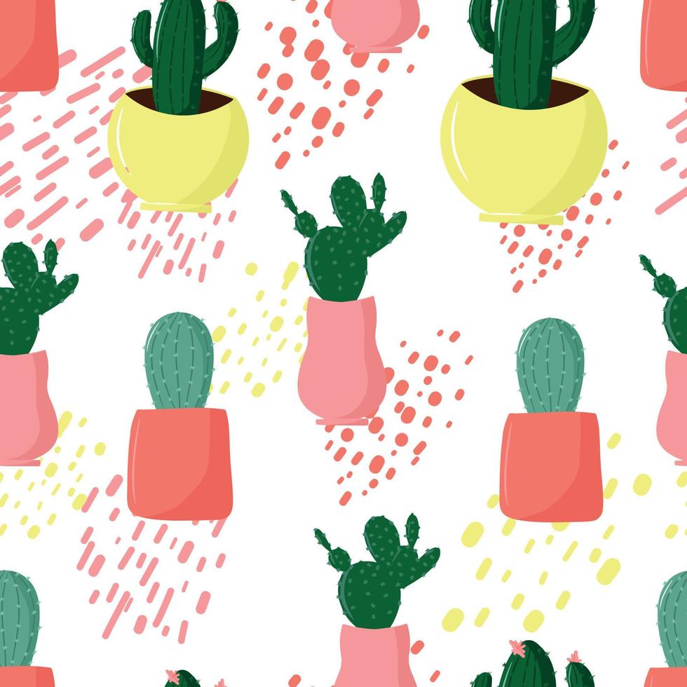 naadloos patroon met cactussen, patroon met cactussen en stokken, zomer thema, schattig cactussen in potten, schattig en tekenfilm tekening stijl, zacht, pastel kleuren, vector illustratie met huis planten