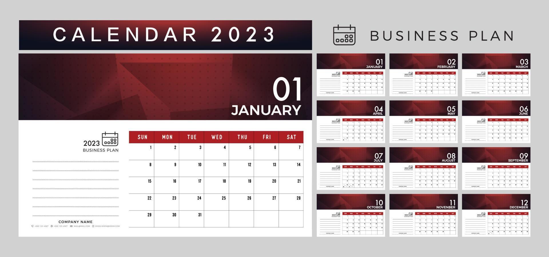 2023 kalender gemakkelijk planner. klassiek minimaal kalender ontwerper ontwerp voor het drukken sjabloon reeks van 12 Pagina's bureau kalender. vector illustratie