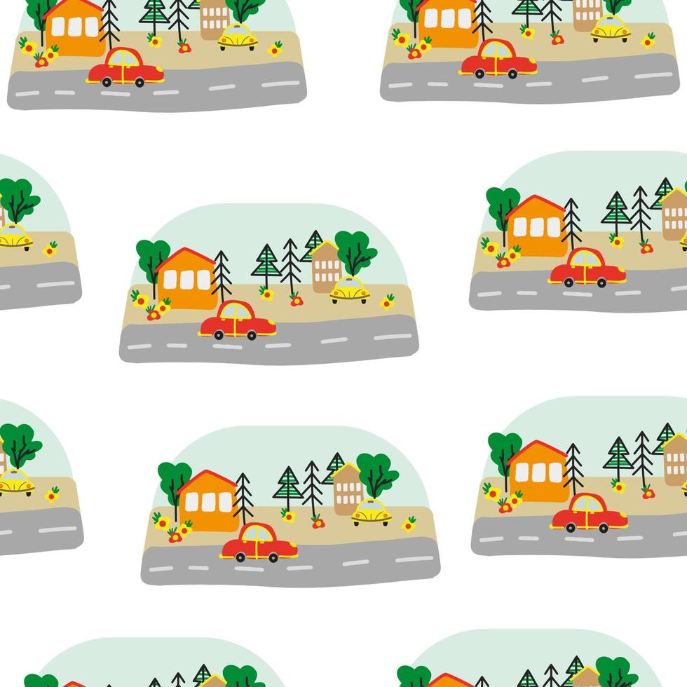 naadloos patroon met hand getekend auto's en huizen, bomen in de Scandinavisch stijl, tekenfilm kinderen achtergrond, helder structuur Aan de auto thema, elegant en gemakkelijk illustratie, vector afdrukken