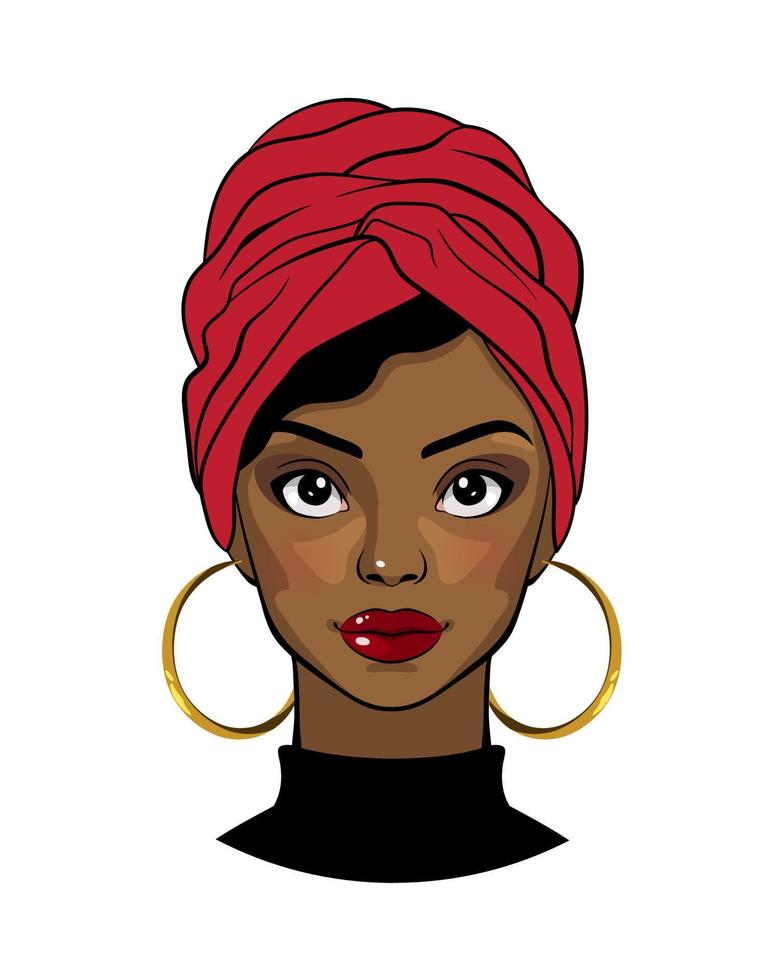 mooi zwart vrouw. tekenfilm afro Amerikaans meisje vervelend rood hoofd inpakken en ronde oorbellen. mode illustratie Aan wit achtergrond vector