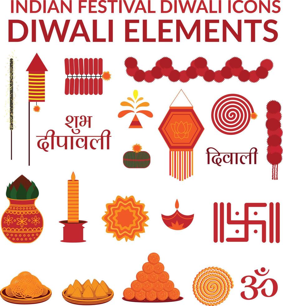 Indisch festival diwali pictogrammen, reeks van 20 vector deepawali elementen, deepavali ontwerp elementen verzameling van vuurwerk, voedingsmiddelen en puja elementen