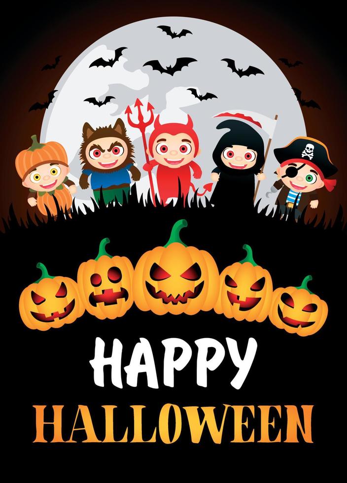 gelukkig halloween poster. grappig kinderen in halloween kostuums en pompoenen vector