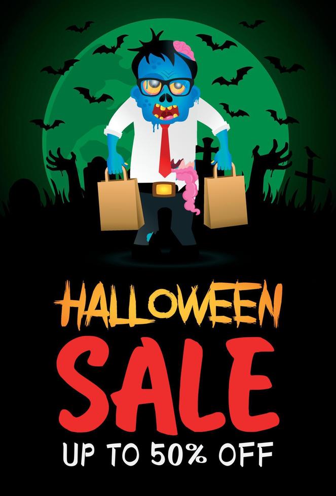 halloween uitverkoop 50 procent korting poster, banier met zombie kantoor arbeider. halloween uitverkoop grafisch ontwerp vector