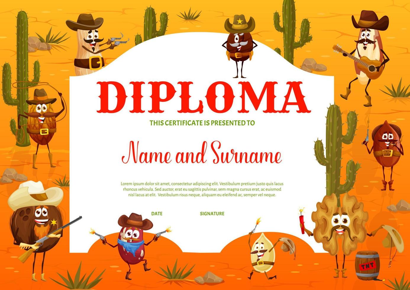 kinderen diploma tekenfilm wild west cowboy tekens vector