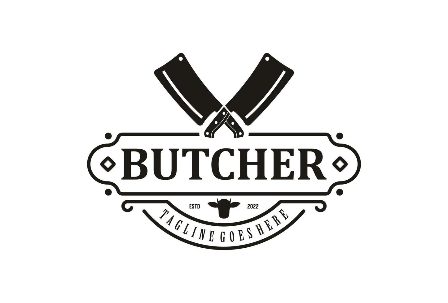 wijnoogst slager winkel etiket logo ontwerp. gekruiste hakmes mes met angus hoofd icoon vector ontwerp