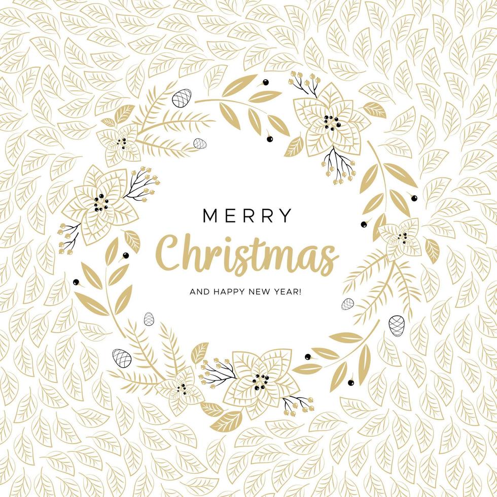 vrolijk Kerstmis en gelukkig nieuw jaar groet kaart met goud takken en pijnboom kegels vector