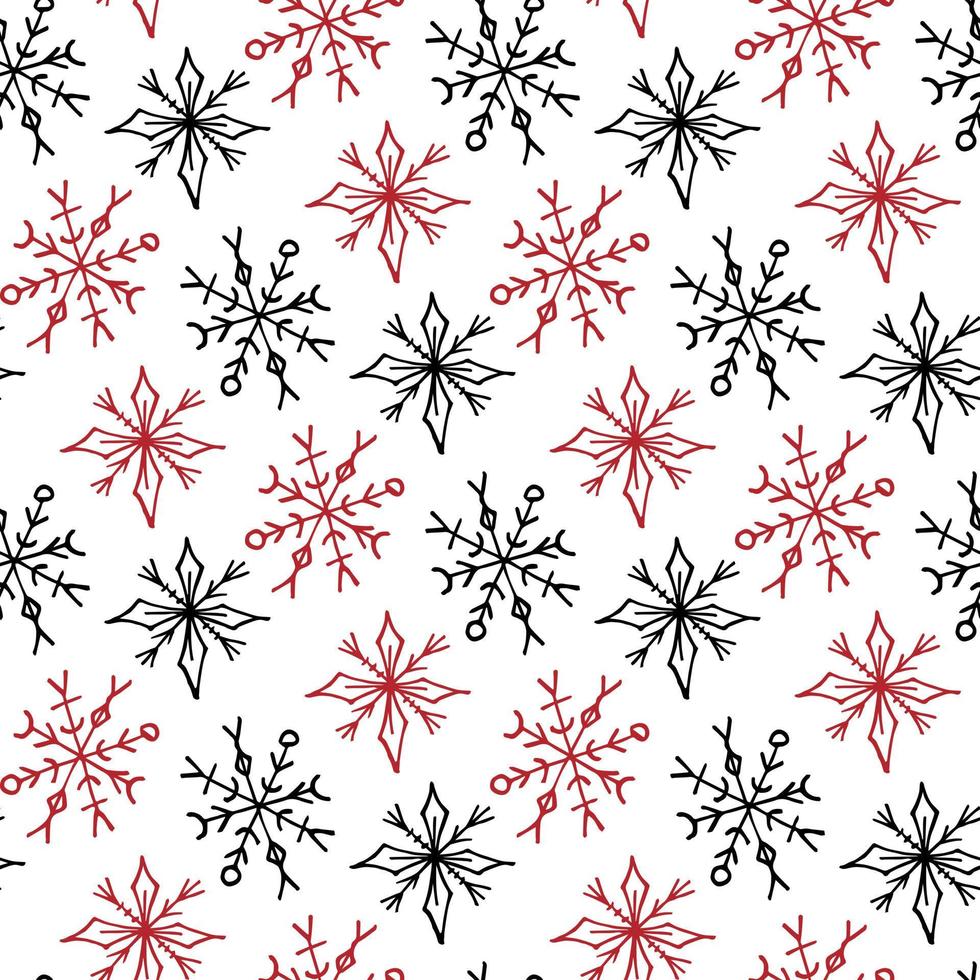 naadloos patroon met hand getekend rood en zwart sneeuwvlokken Aan wit achtergrond. vector afbeelding.