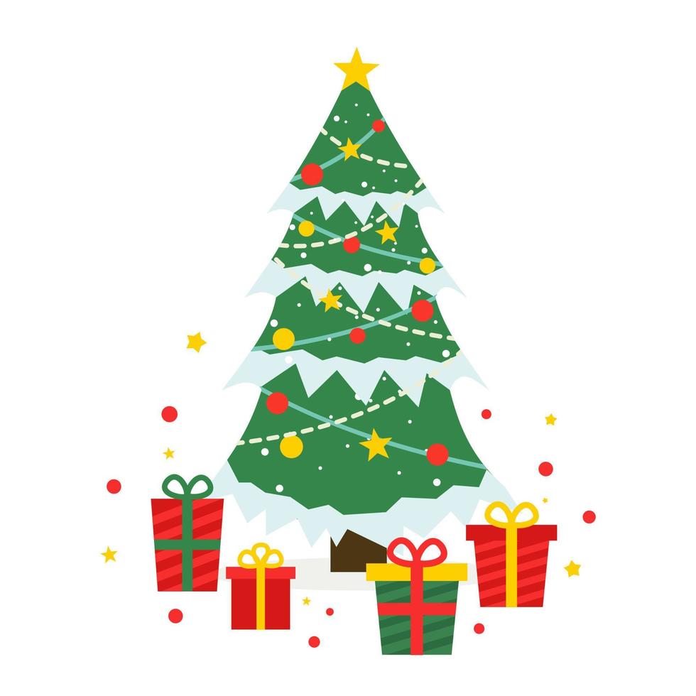 Kerstmis Spar boom decoratie met veel van cadeaus en geschenk dozen vector