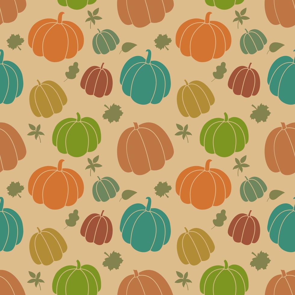 herfst vector patroon. naadloos oogst achtergrond met kleurrijk silhouetten van pompoenen en vallen bladeren. hand- getrokken dankzegging en herfst seizoen symbolen