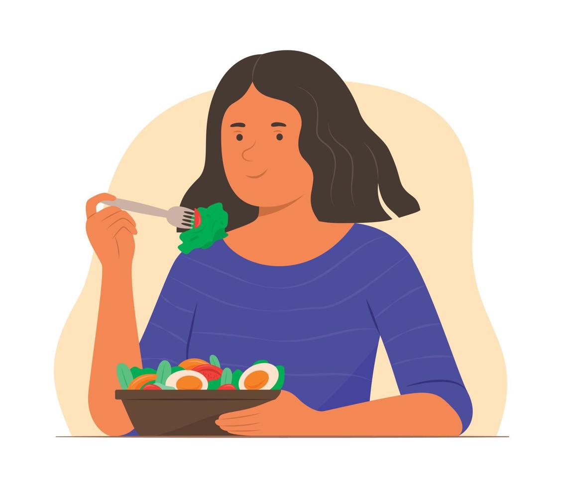 vegetarisch vrouw genieten aan het eten salade vector