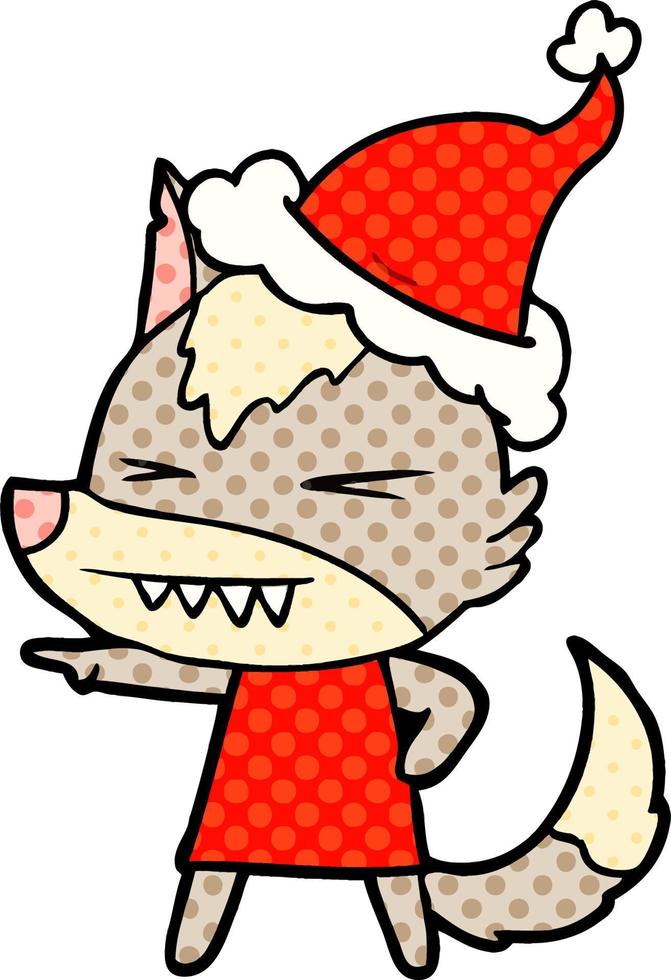 boze wolf stripboekstijl illustratie van een dragende kerstmuts vector