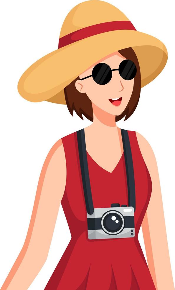 meisje op reis met camera karakter ontwerp illustratie vector