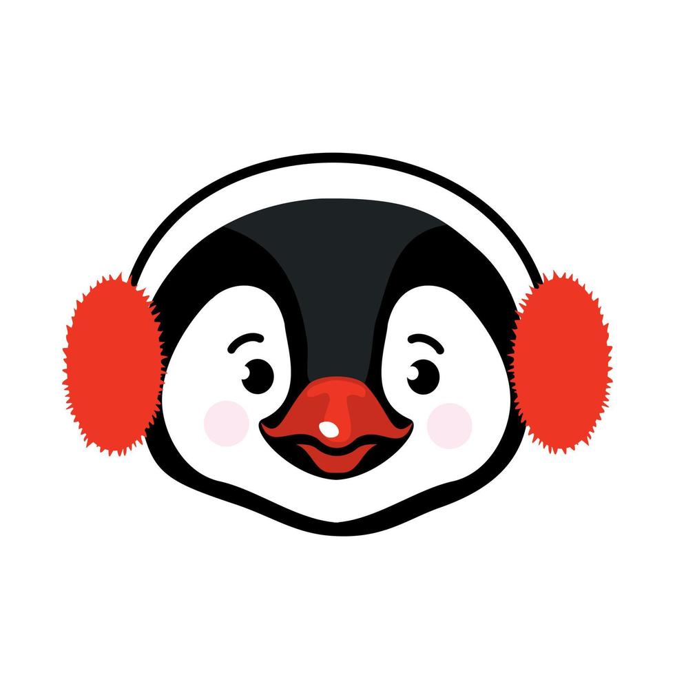 schattig gezicht van een pinguïn in een rood harig koptelefoon. vector