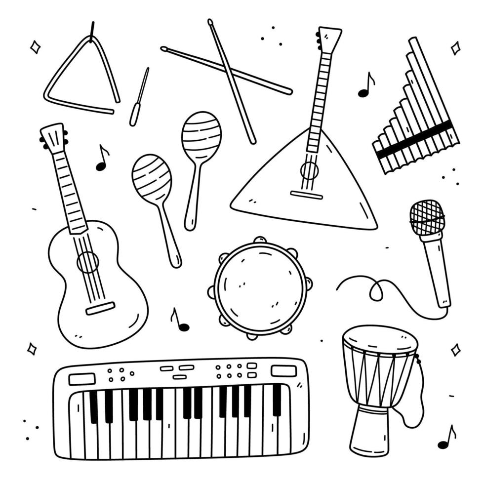 schattig tekening reeks van musical instrumenten - driehoek, drumstokken, balalaika, pan fluit, gitaar, maracas, tamboerijn, microfoon, djembe trommel, elektronisch toetsenbord. vector hand getekend illustratie.