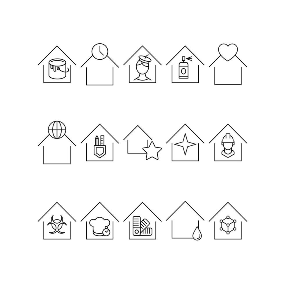 gebouw net zo vestiging of faciliteit. lijn icoon reeks inclusief pictogrammen van huizen, klinieken, werkplaatsen, studio's, winkels, cafe, laboratorium. inclusief buste, hart enz over- huis vector