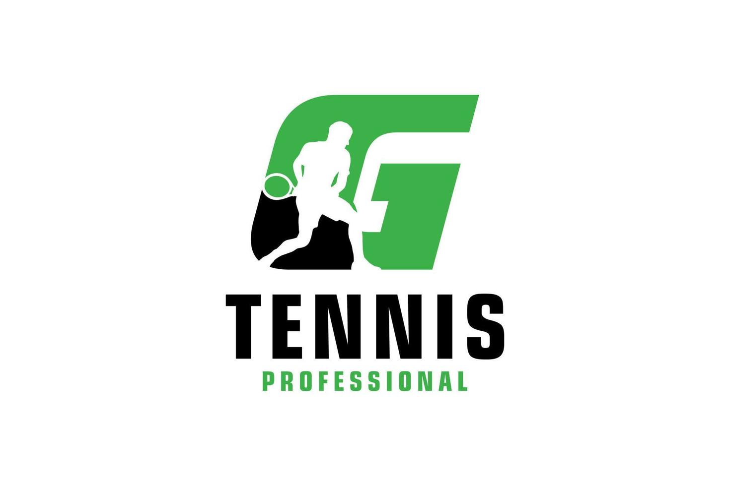 letter g met tennisspeler silhouet logo ontwerp. vectorontwerpsjabloonelementen voor sportteam of huisstijl. vector