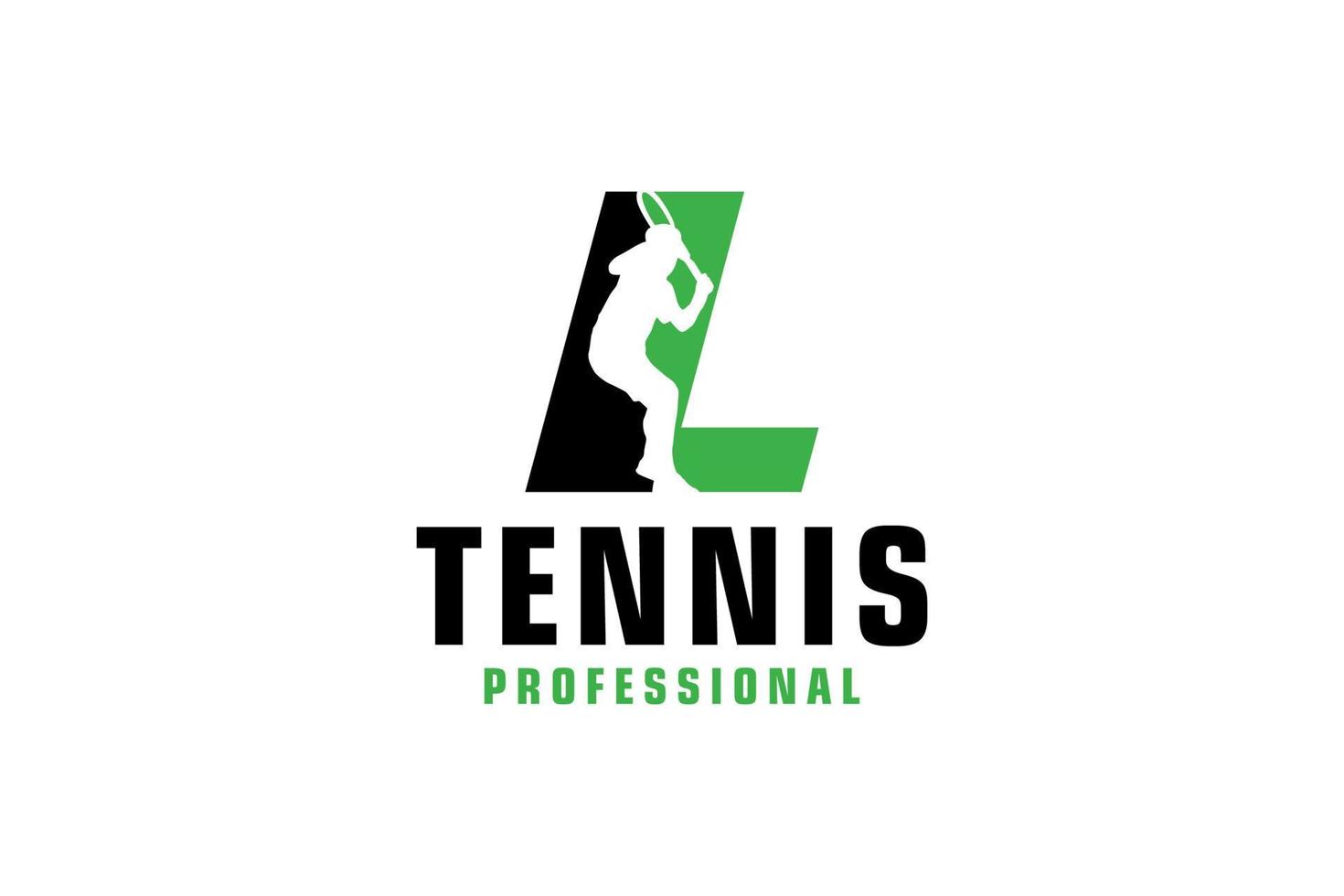 brief l met tennis speler silhouet logo ontwerp. vector ontwerp sjabloon elementen voor sport team of zakelijke identiteit.