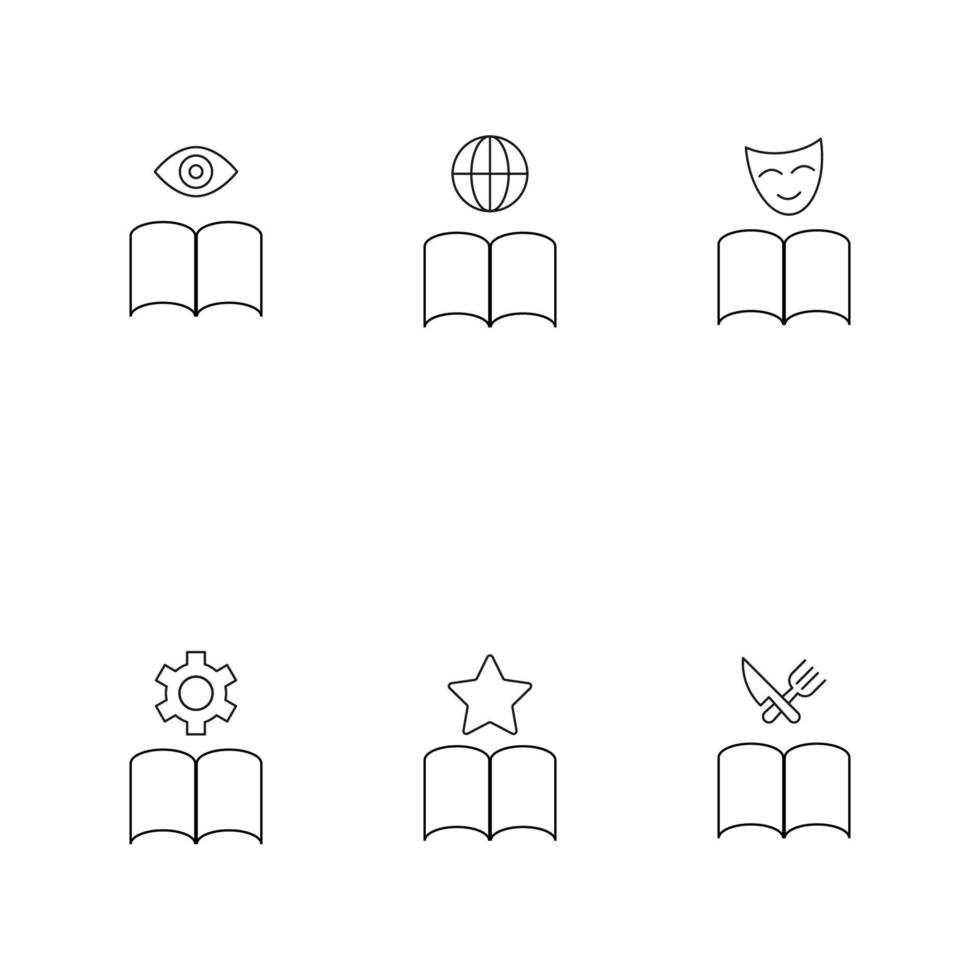 boeken, fictie en lezing concept. vector illustraties in vlak stijl. bewerkbare slagen. lijn icoon reeks inclusief pictogrammen van oog, wereldbol, masker, versnelling, ster, mes en vork