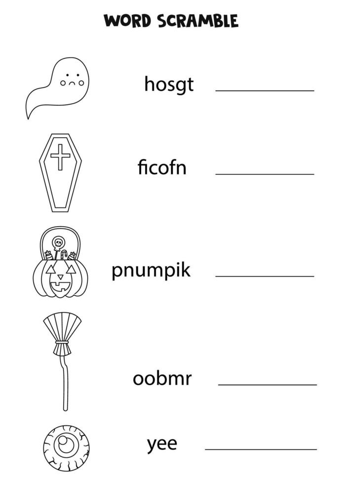 puzzel voor kinderen. woord scramble voor kinderen. zwart-wit puzzel. vector