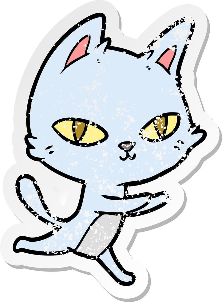 verontruste sticker van een cartoonkat die staart vector