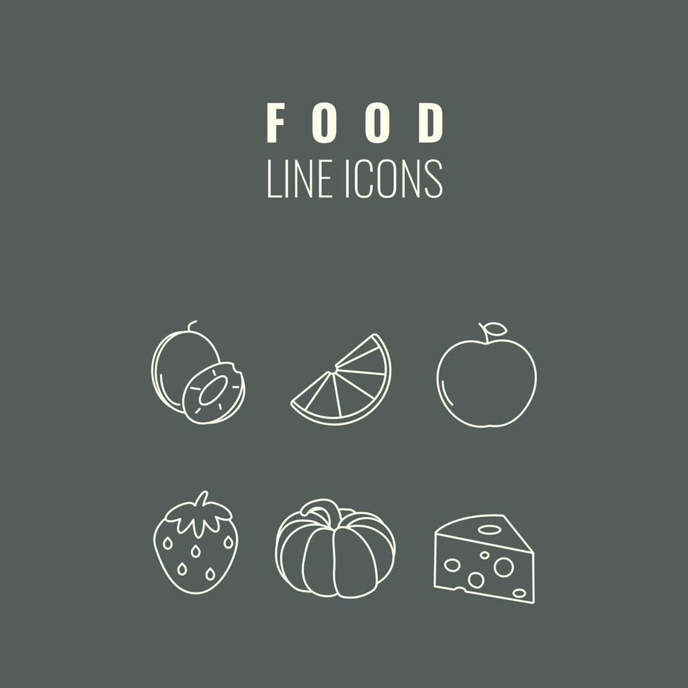 vector voedsel lijn pictogrammen Aan de zwart achtergrond voedsel lijn icoon reeks appel, kaas, pruim, citroen, aardbei, pompoen