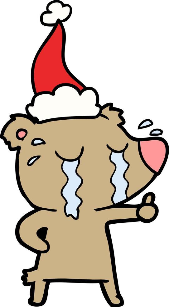lijntekening van een huilende beer met een kerstmuts vector