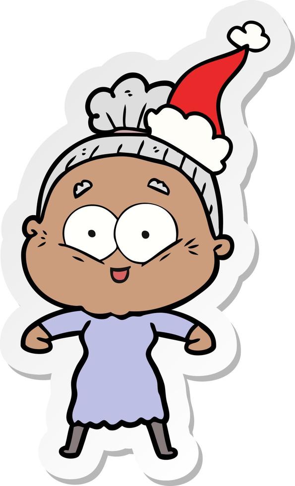 sticker cartoon van een gelukkige oude vrouw met een kerstmuts vector