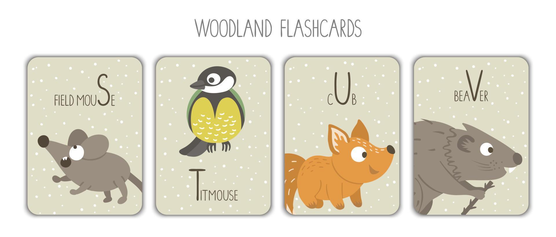 kleurrijk alfabet brieven s, t, jij, v. klanken geheugenkaart. schattig bos- themed abc kaarten voor onderwijs lezing met grappig muis, mees, vos, bever. vector