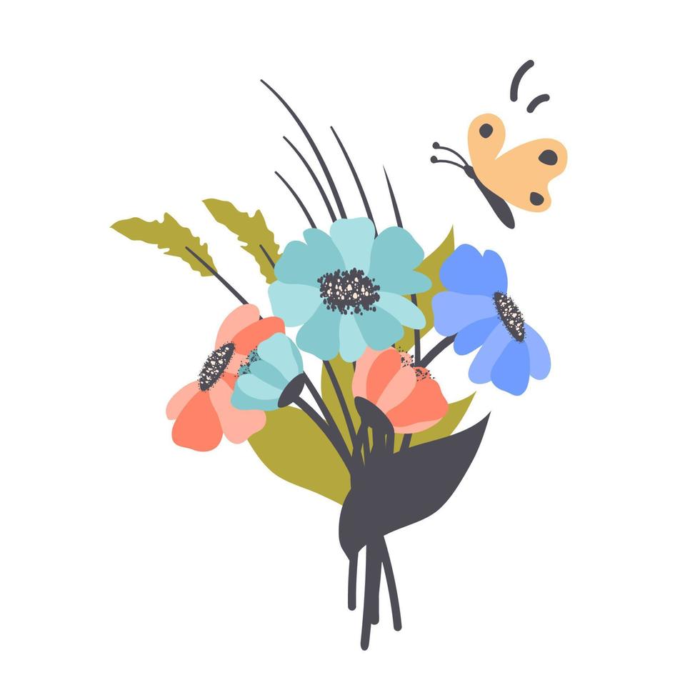 reeks van mooi boeketten van tuin bloemen, bloeit, kruiden planten, vlinder geïsoleerd Aan wit achtergrond. bloemen sjabloon voor kaart, affiches, vrouwen dag, moeder dag. vector illustratie