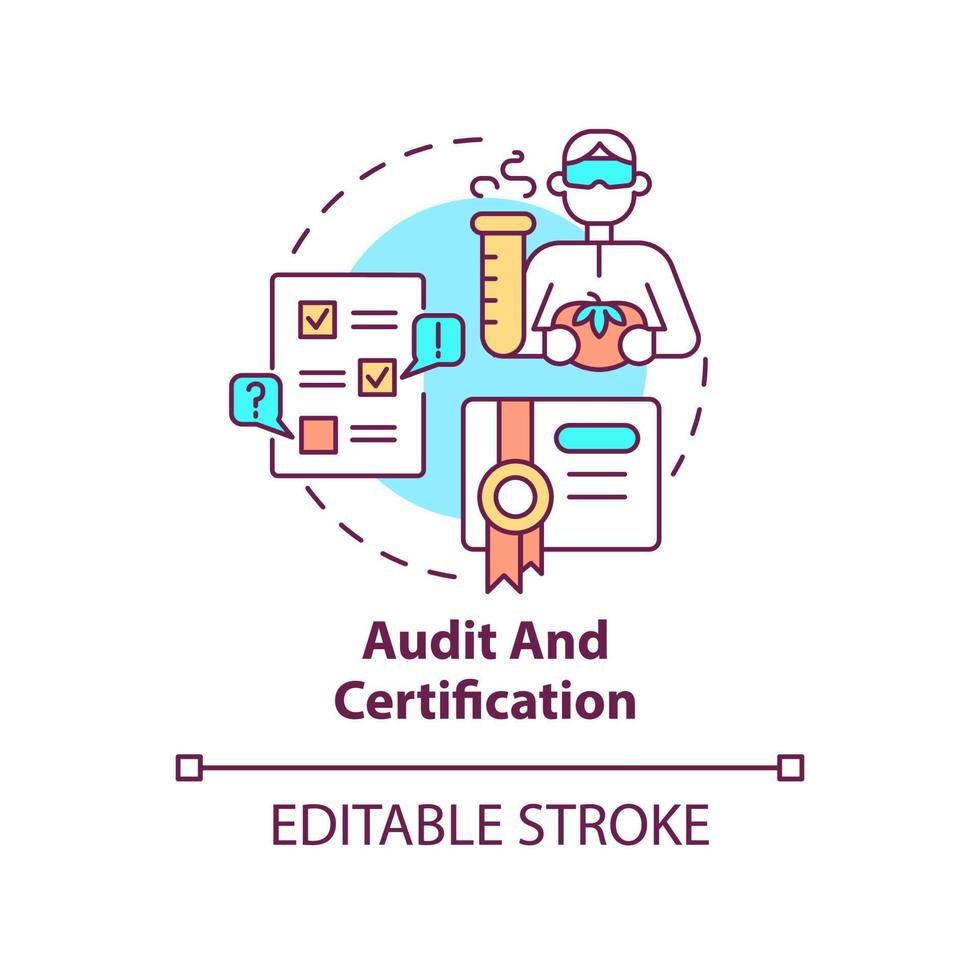 audit en certificaat concept icoon. testen onderhoud abstract idee dun lijn illustratie. inspectie en verificatie. geïsoleerd schets tekening. bewerkbare hartinfarct. lucht, myriade pro-bold fonts gebruikt vector